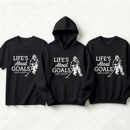 Custom Hockey Hoodie, Life's About Goals and Assists Sweatshirt, Personalized Hockey Player Gift, Custom Name Hockey Pullover