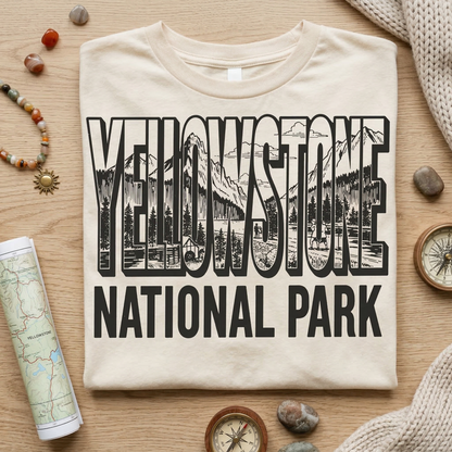 Yellowstone National Park Shirt | Vintage Mountain Landscape Tee | Retro Block Letter Nature T-Shirt | Hiking Camping Outdoorsy Apparel