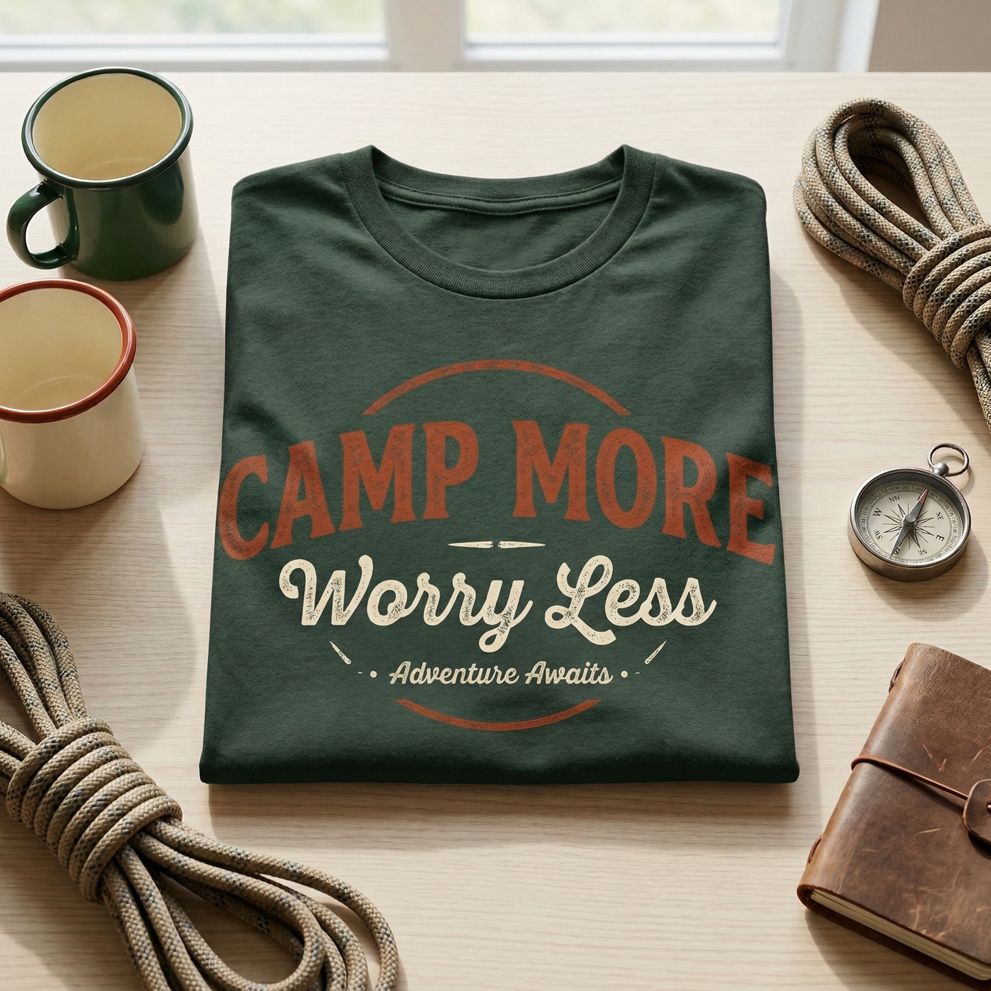 Custom Camping Shirt - Personalized Camp More Worry Less T-Shirt - Custom Adventure Motto Tee - Outdoorsy Gift for Hikers