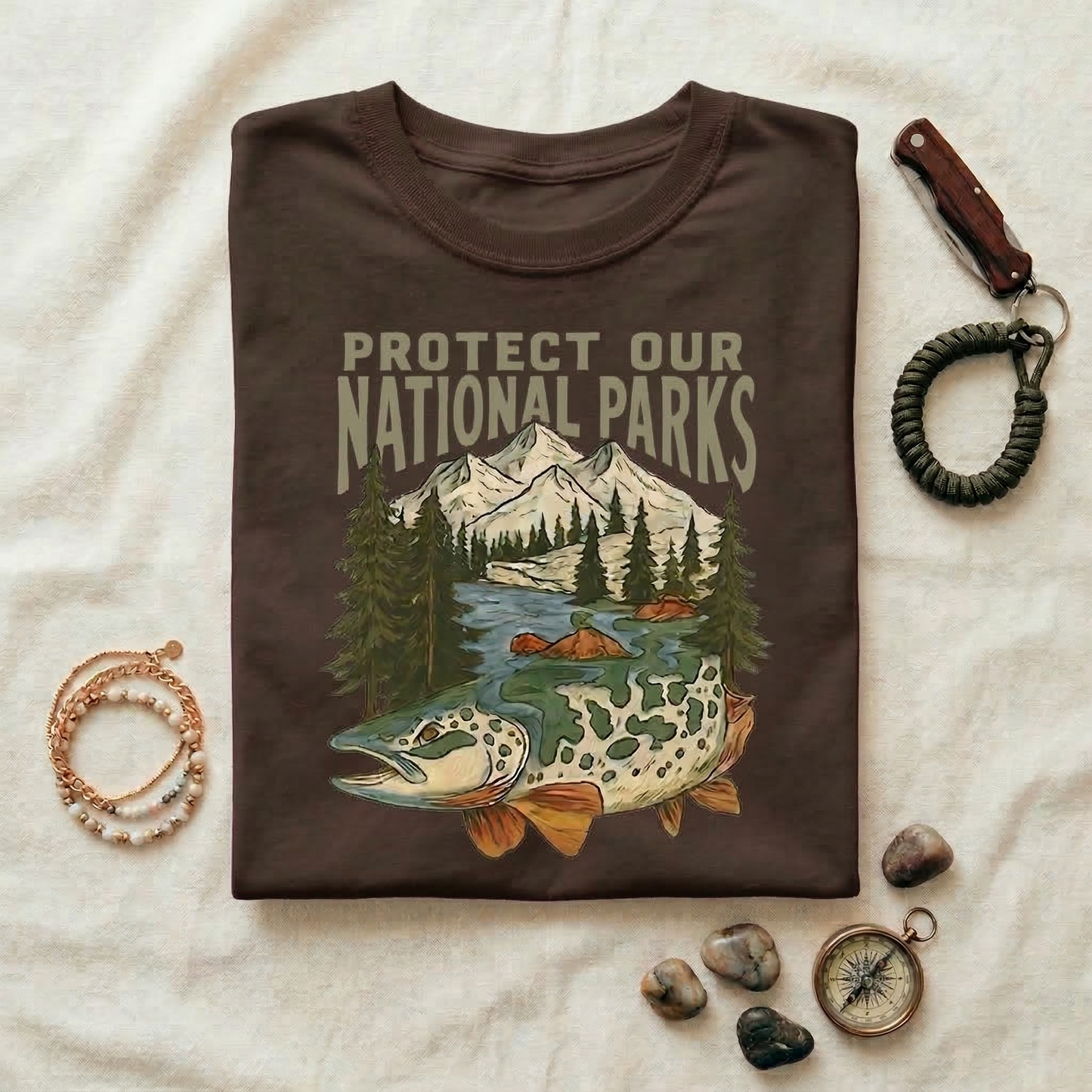 Protect Our National Parks Shirt | Vintage Trout Fish Tee | Mountain Nature Graphic T-Shirt | Outdoor Conservation Hiking Camping Apparel
