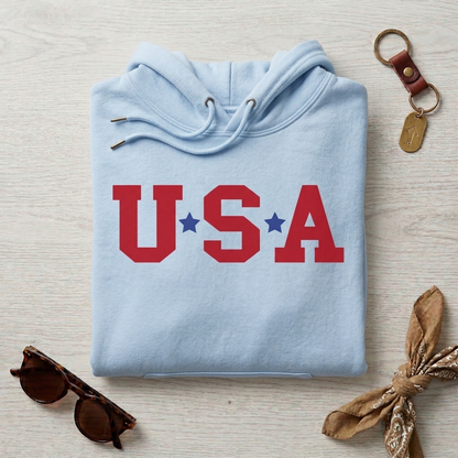 USA Varsity Hoodie, Red White and Blue Star Sweatshirt, Collegiate Style Patriotic Top, 4th of July Unisex Apparel, Custom USA Team Shirt, Vintage Aesthetic Star Hoodie, Memorial Day Gift