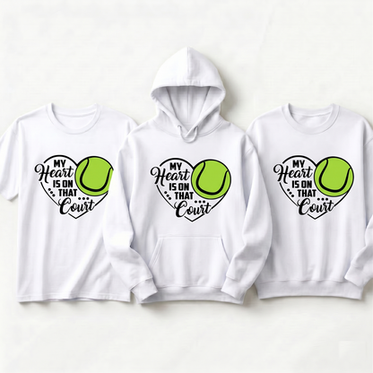 Custom My Heart is on That Court Tennis Hoodie, Tennis Mom Sweatshirt & T-Shirt | Personalized Tennis Player Gift | Cute Tennis Team Apparel