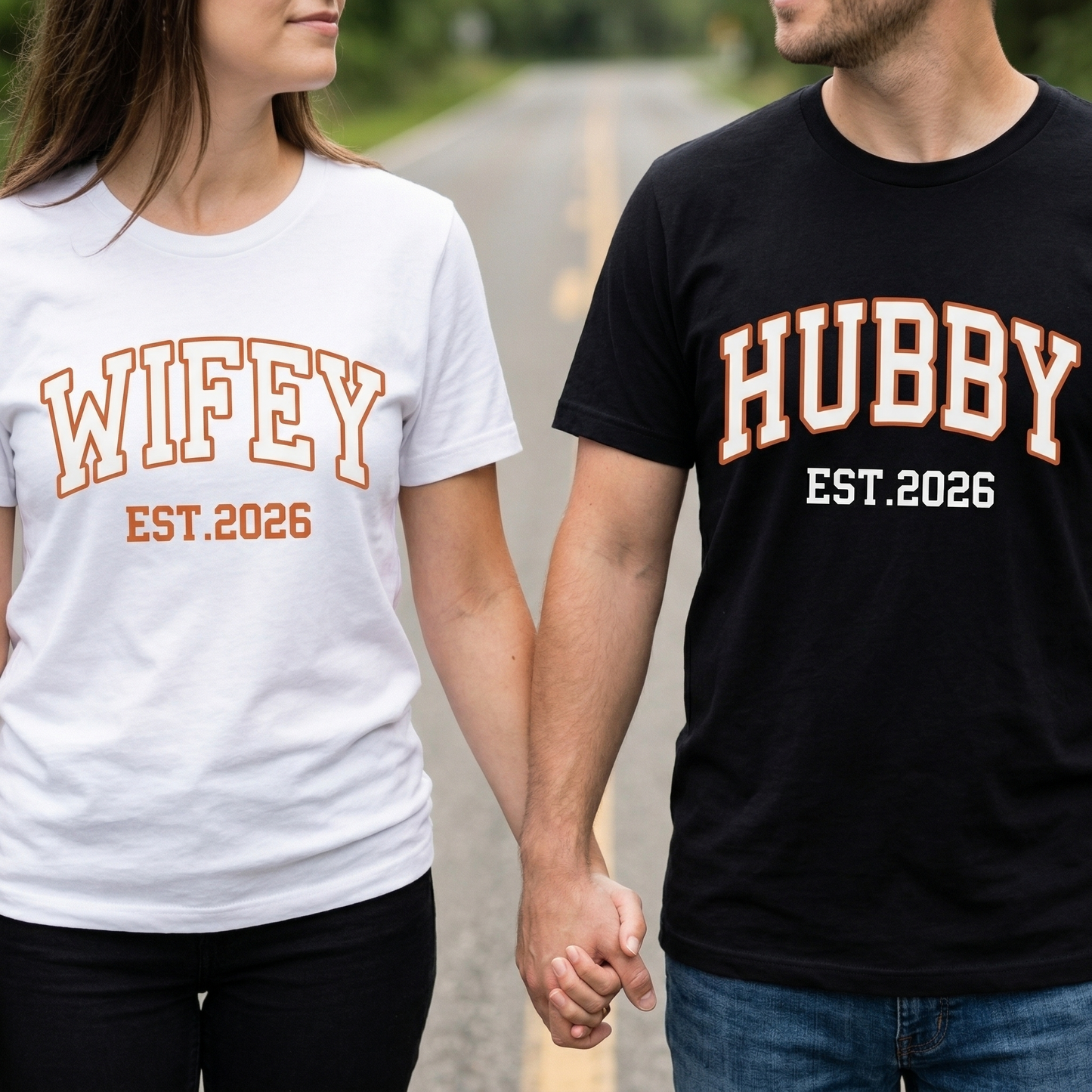Wifey Hubby Est 2026 Shirt Set, Personalized New Year Wedding Gift, Matching Couple Tees, Custom Anniversary Date Shirts, Honeymoon Apparel, Retro Collegiate Style Bride Groom Gifts