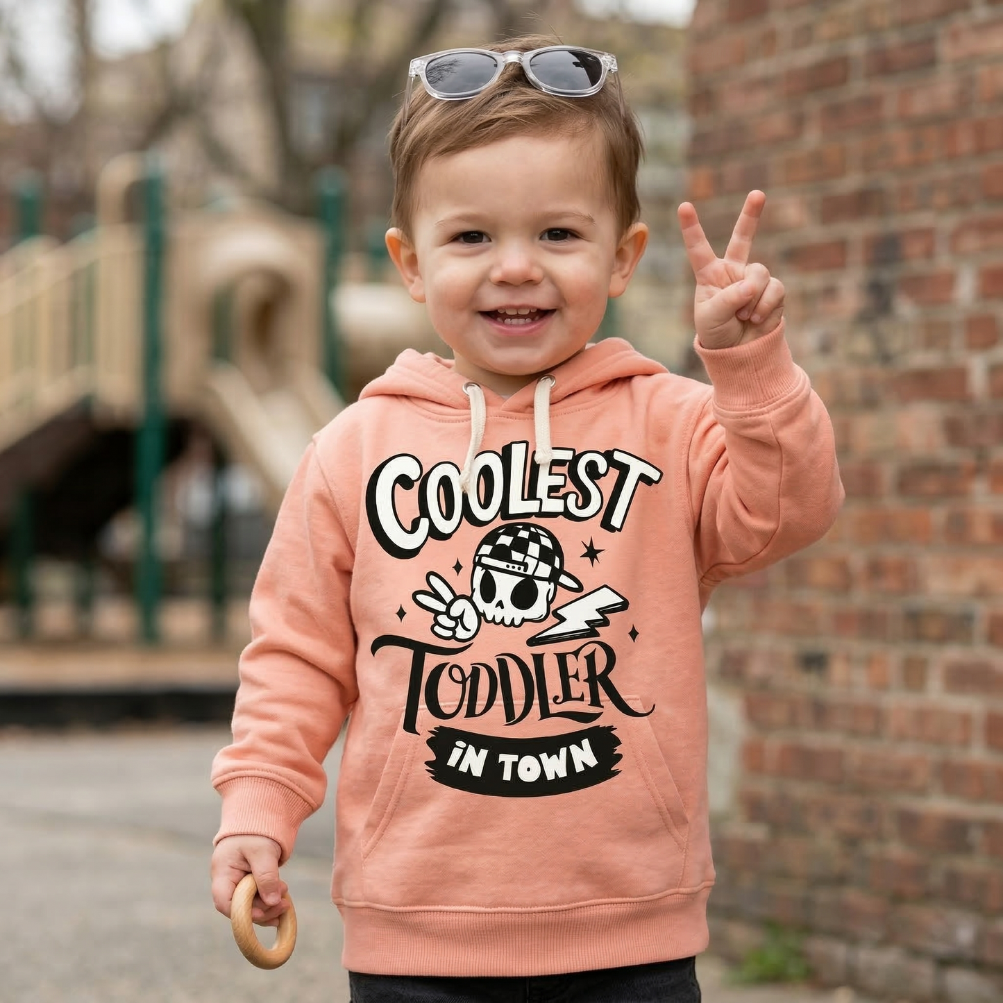 Coolest Toddler In Town Hoodie | Retro Skeleton Peace Sign Pullover | Trendy Peach Kids Streetwear | Hipster Toddler Spring Sweatshirt