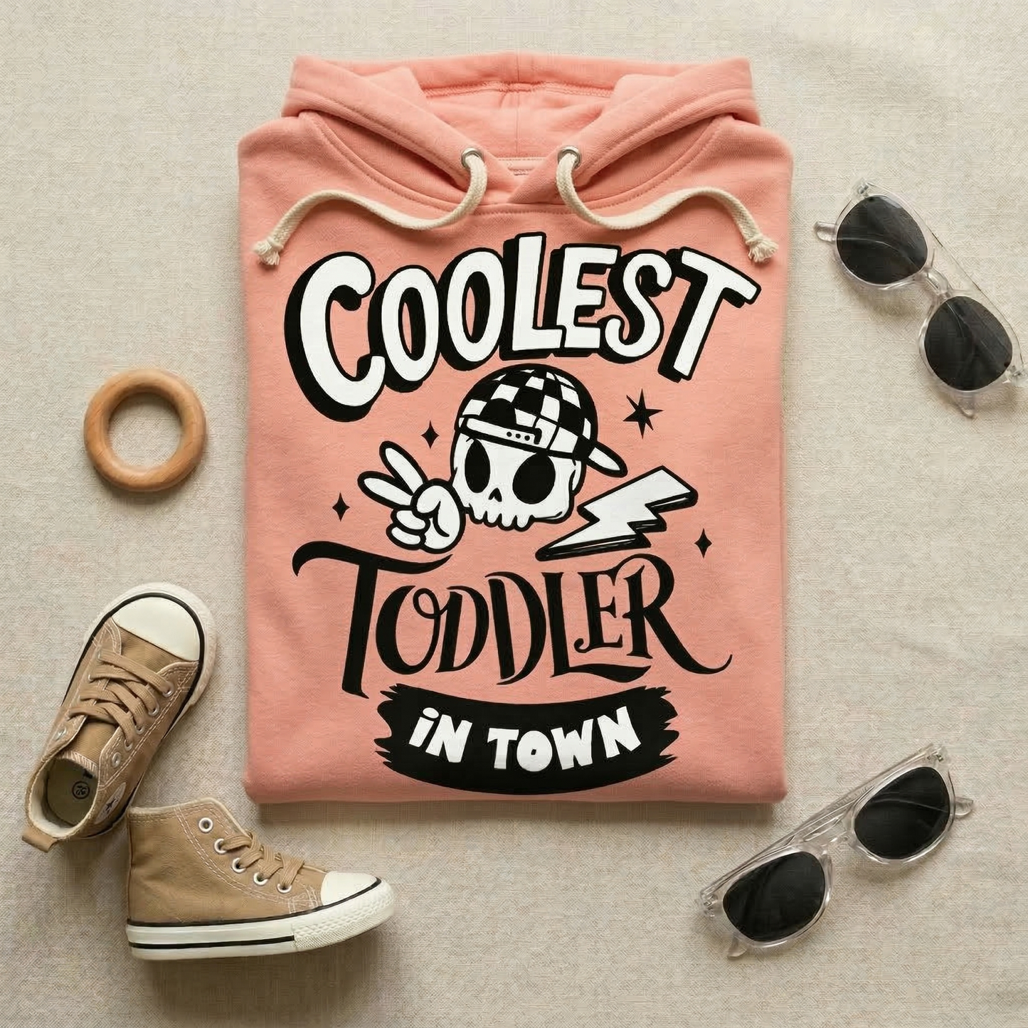 Coolest Toddler In Town Hoodie | Retro Skeleton Peace Sign Pullover | Trendy Peach Kids Streetwear | Hipster Toddler Spring Sweatshirt