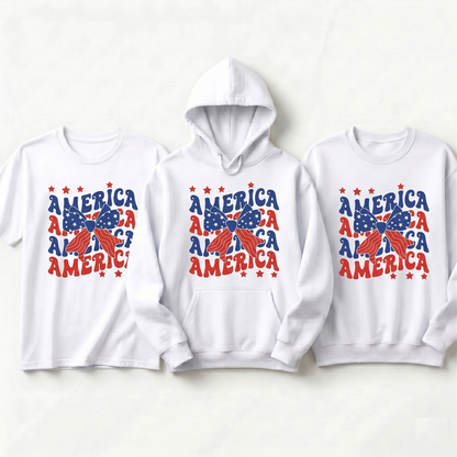 Custom Retro America Bow Hoodie, Personalized Patriotic Coquette Sweatshirt, American Flag Ribbon Gift, Custom USA Vacation Apparel