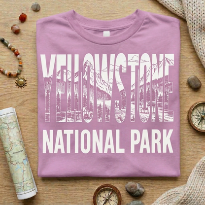 Yellowstone National Park Shirt | Vintage Mountain Landscape Tee | Retro Block Letter Nature T-Shirt | Hiking Camping Outdoorsy Apparel