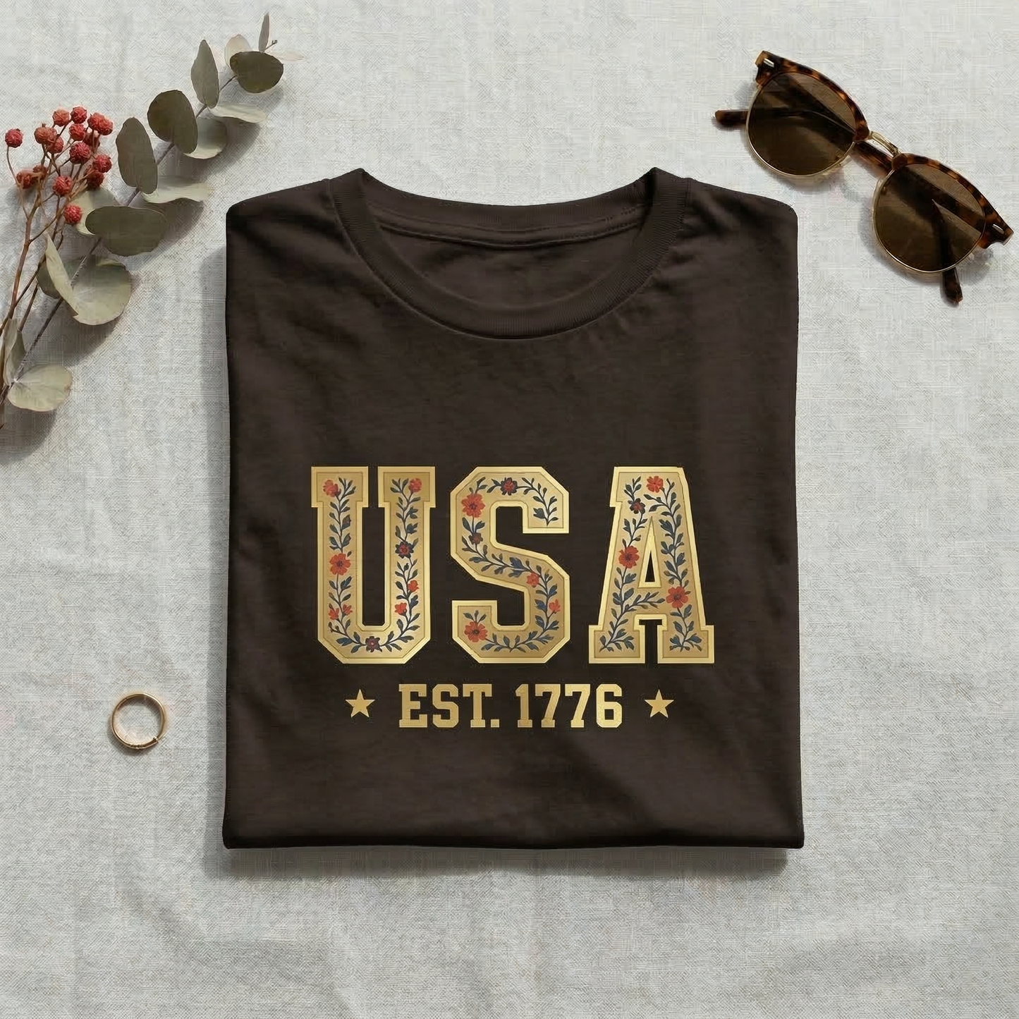 Floral USA Shirt | Vintage Americana T-Shirt | Boho 4th of July Tee | Est 1776 Patriotic Shirt | Cute Summer Graphic Tee for Women