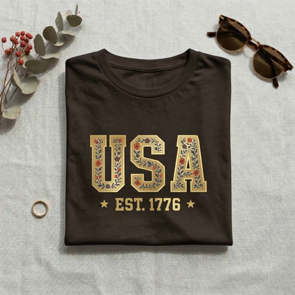Floral USA Shirt | Vintage Americana T-Shirt | Boho 4th of July Tee | Est 1776 Patriotic Shirt | Cute Summer Graphic Tee for Women