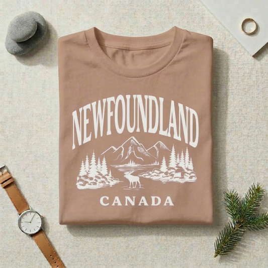 Newfoundland Canada T-Shirt | Vintage Nature Graphic Tee | Moose and Mountains Outdoors Shirt | Minimalist Wanderlust Gift | Newfoundland Souvenir