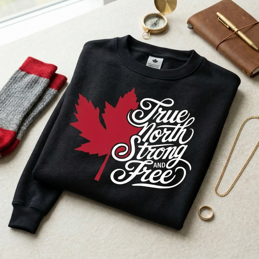 True North Strong and Free Hoodie, Canadian Pride Sweatshirt, Canada Maple Leaf Hoodie, Minimalist Typography Pullover, Canada Day Gift, Souvenir Apparel, Unisex Hooded Sweatshirt