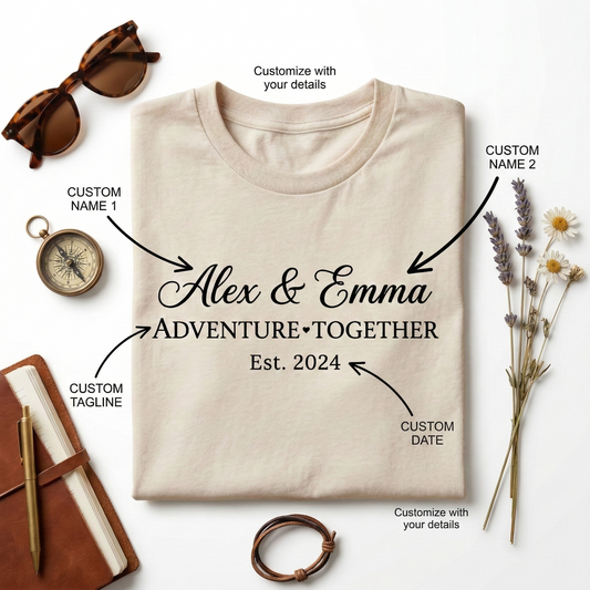Custom Couple Shirt, Personalized Anniversary T-Shirt, Adventure Together Est 2024, Custom Names Date Shirt, Wedding Gift, Engagement Tee