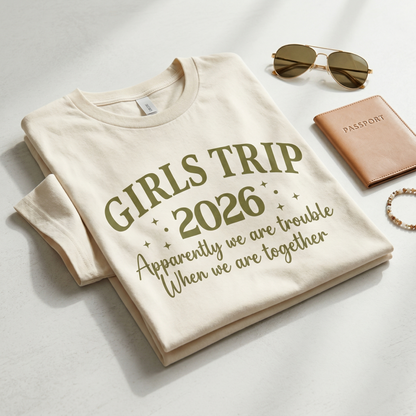 Custom Girls Trip 2026 Shirt, Retro Group Vacation Tee, Apparently We Are Trouble Shirt, Personalized Girls Weekend Gift,
