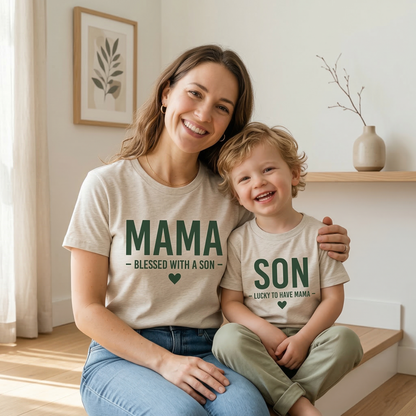 Blessed Mama and Lucky Son Matching T-Shirt Set | Mother and Son Outfits | New Mom Gift | Navy Blue Mom and Me Shirts | Mother's Day Gift for Boy Mom | Set of 2