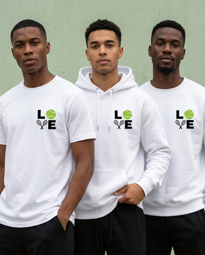 Custom Tennis LOVE Sweatshirt, Minimalist Tennis Ball Hoodie, Personalized T-Shirt, Tennis Team Apparel, Cute Tennis Gift for Her or Him