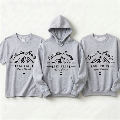 Custom Family Ski Trip Shirts | Personalized Matching Winter Vacation Hoodies | Mountain Crewneck Sweatshirt | Group Ski Apparel