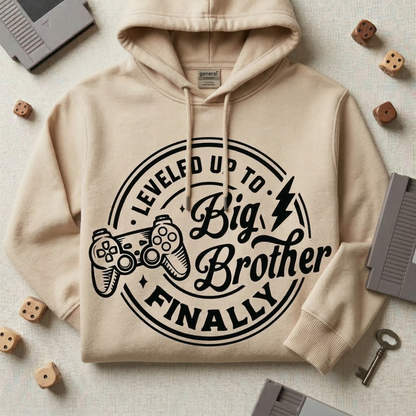 Leveled Up to Big Brother Finally Hoodie | Gamer Sibling Announcement Sweatshirt | Big Bro Pullover | New Baby Arrival Announcement Shirt