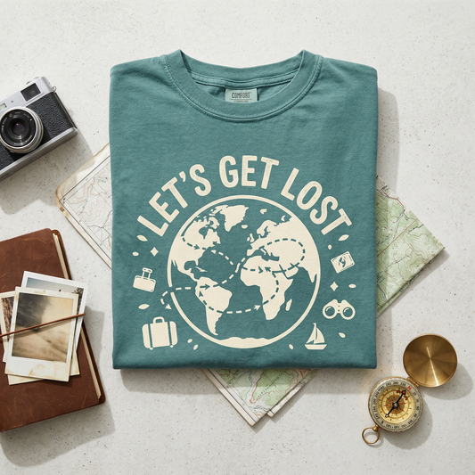 Let’s Get Lost Shirt, Custom Travel T-Shirt, Personalized Wanderlust Tee, World Map Graphic Shirt, Gift for Travelers, Adventure Awaits Top