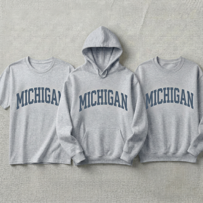Custom Michigan Hoodie and Sweatshirt, Vintage Michigan T-shirt, Heather Grey Michigan Varsity Shirt, Personalized Michigan Gift