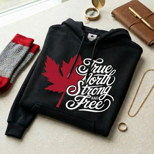 True North Strong and Free Hoodie, Canadian Pride Sweatshirt, Canada Maple Leaf Hoodie, Minimalist Typography Pullover, Canada Day Gift, Souvenir Apparel, Unisex Hooded Sweatshirt