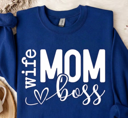 Wife Mom Boss Sweatshirt, Forest Green Crewneck, Gift for Her, Mother's Day Shirt, Working Mom Sweater, Everyday Casual Pullover