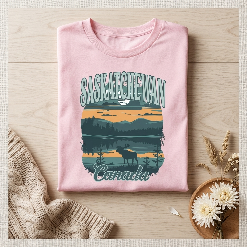 Vintage Saskatchewan Canada Shirt | Retro Moose & Lake Graphic Tee | Canadian Nature Lover Gift | Outdoorsy Camping T-Shirt