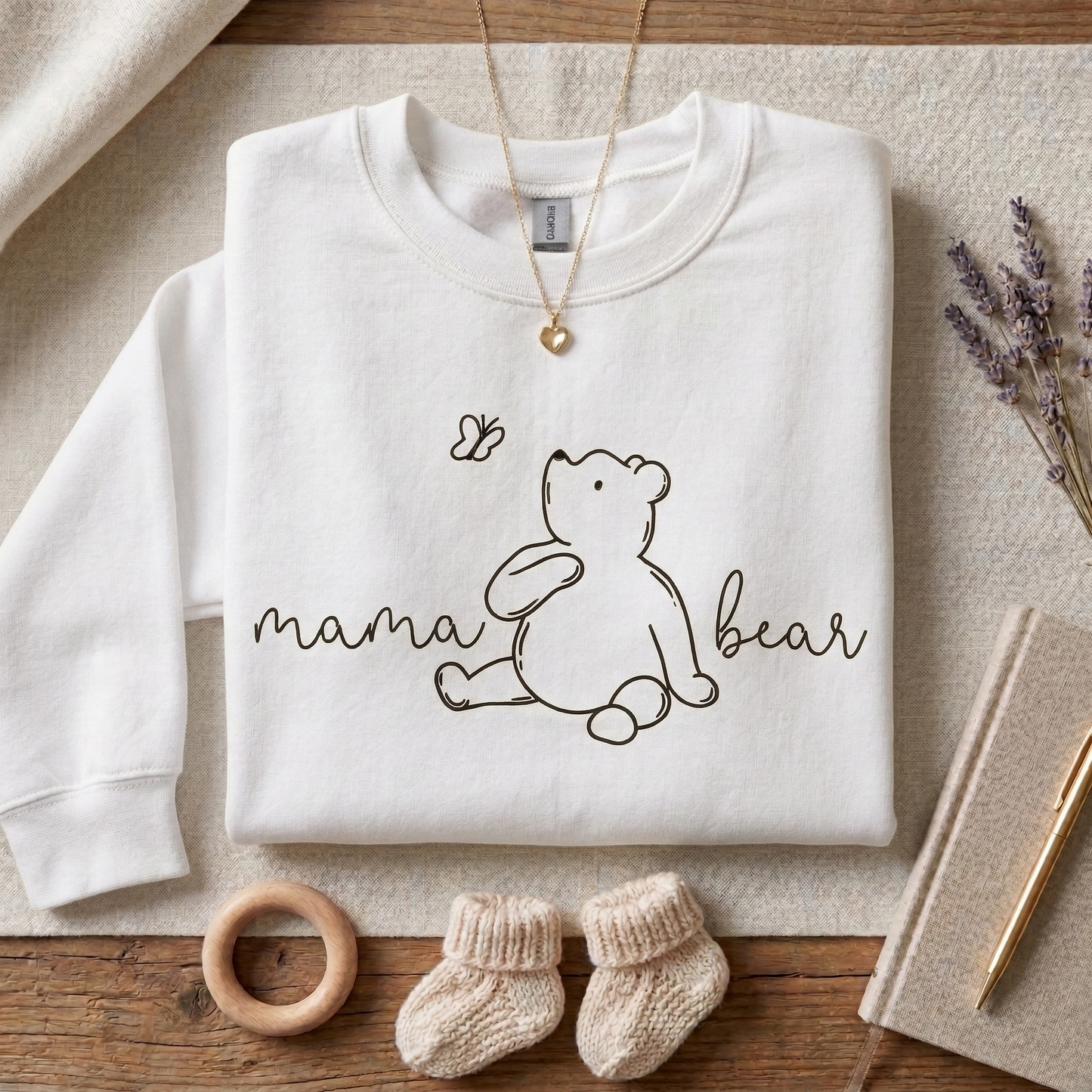 Mama Bear Sweatshirt – Hand-Drawn Bear Butterfly Illustration, Cozy Pullover for New Moms
