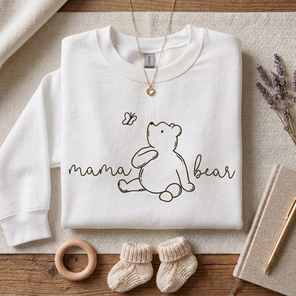 Mama Bear Sweatshirt – Hand-Drawn Bear Butterfly Illustration, Cozy Pullover for New Moms