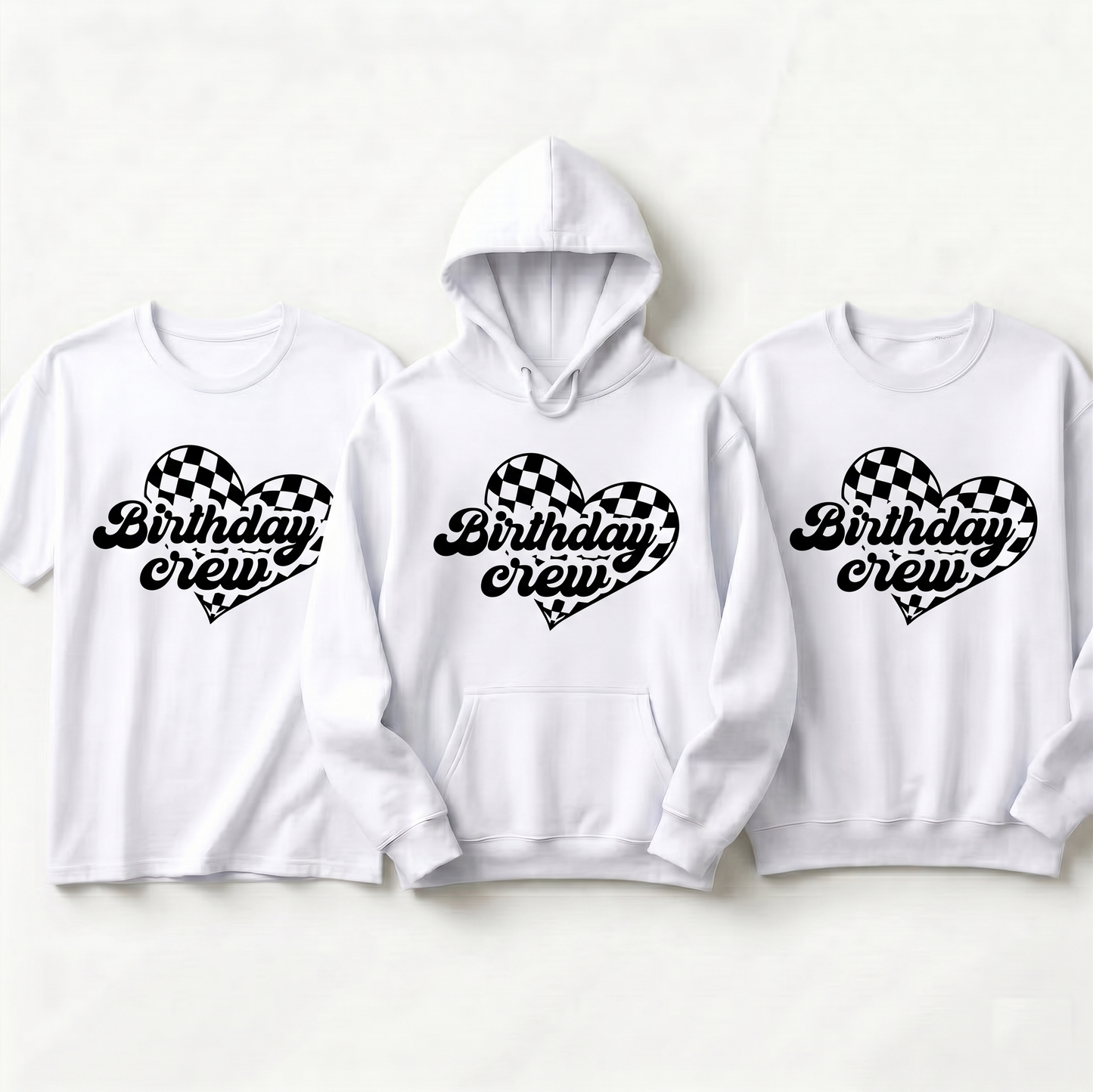 Personalized Birthday Party Sweatshirt, Matching Birthday Trip Shirts, Groovy Heart Birthday Crew Tee, Checkered Birthday Squad Outfits