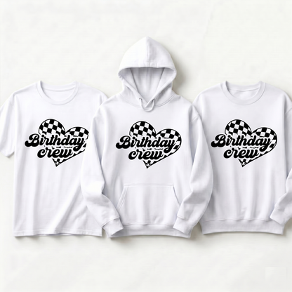 Personalized Birthday Party Sweatshirt, Matching Birthday Trip Shirts, Groovy Heart Birthday Crew Tee, Checkered Birthday Squad Outfits