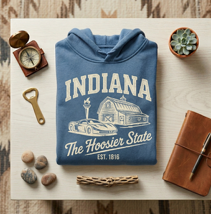 Custom Indiana Hoodie - Vintage Hoosier State Sweatshirt - Retro IN 1816 Est. Pullover - Personalized Indiana Gift