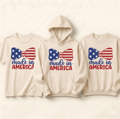 Custom Made in America Shirt, Patriotic Bow 4th of July Hoodie, USA Independence Day Sweatshirt,  Retro American Pride Apparel