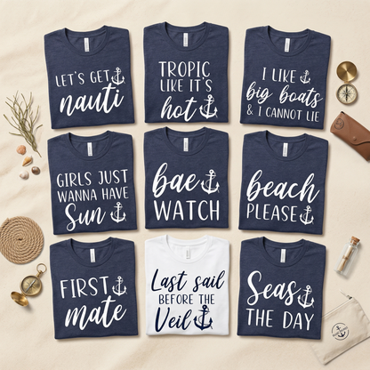 Custom Nautical Bachelorette Shirts, Last Sail Before The Veil Tee, Personalized Boat Party T-Shirt, Funny Sailing Bridesmaid Gifts