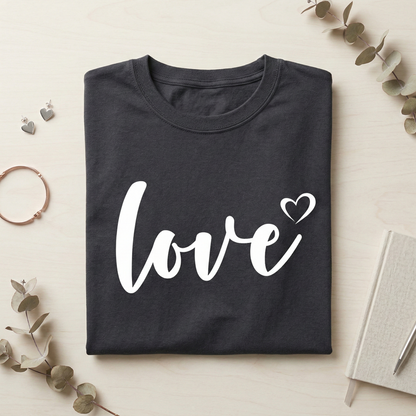 Minimalist Love Script T-Shirt, Hand-Lettered Heart Tee