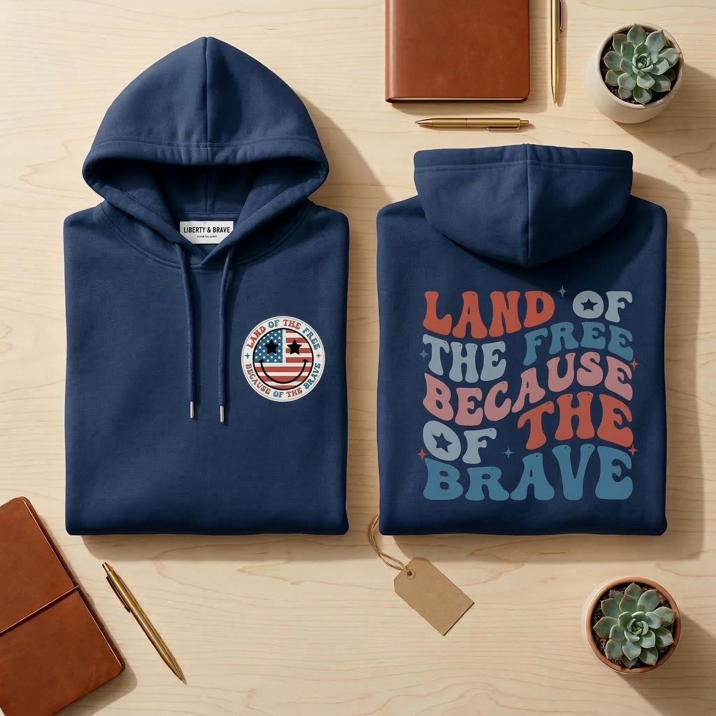 Retro Land of the Free Hoodie, Wavy Patriotic Sweatshirt, Vintage USA Smiley Face Hoodie, Fourth of July Stars and Stripes Pullover, Red White and Blue Trendy Hoodie