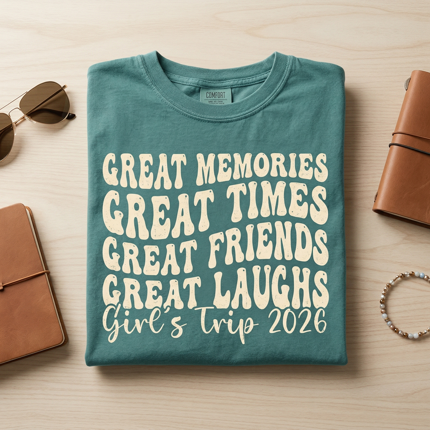 Custom Girl's Trip Shirt, Retro Girls Tee, Great Memories Great Times Shirt, Personalized Bachelorette Party Top, Teal Matching Bestie Shirt