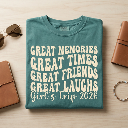 Custom Girl's Trip Shirt, Retro Girls Tee, Great Memories Great Times Shirt, Personalized Bachelorette Party Top, Teal Matching Bestie Shirt