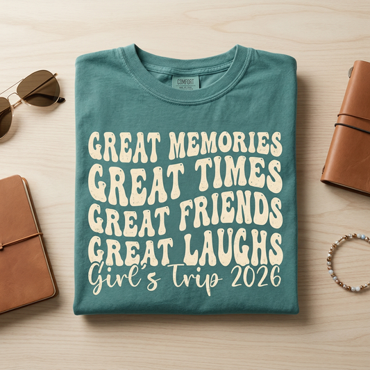 Custom Girl's Trip Shirt, Retro Girls Tee, Great Memories Great Times Shirt, Personalized Bachelorette Party Top, Teal Matching Bestie Shirt
