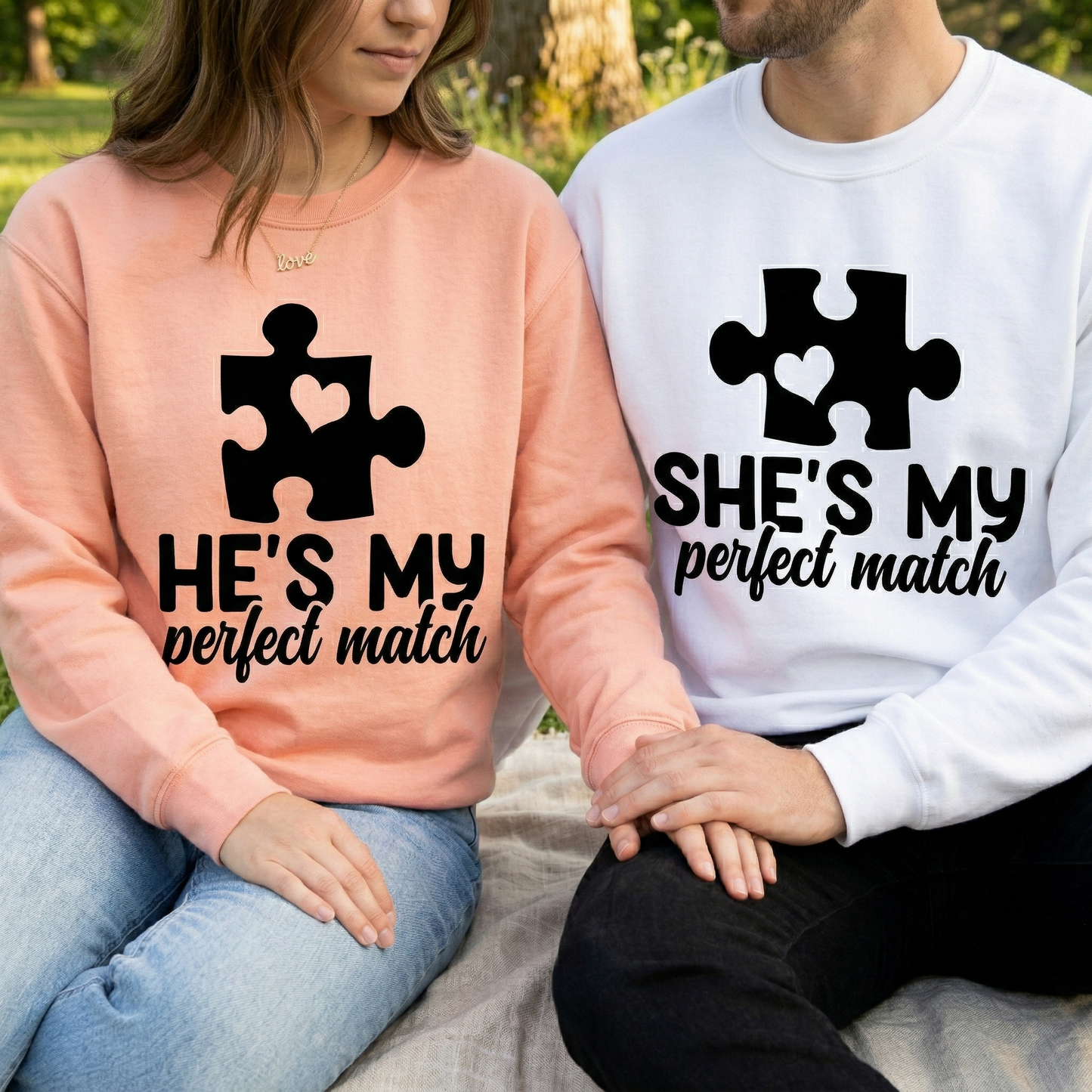 Custom Matching Couple Sweatshirts, He’s My Perfect Match, She’s My Perfect Match Pullovers, Personalized Puzzle Piece Anniversary Gift