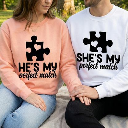 Custom Matching Couple Sweatshirts, He’s My Perfect Match, She’s My Perfect Match Pullovers, Personalized Puzzle Piece Anniversary Gift