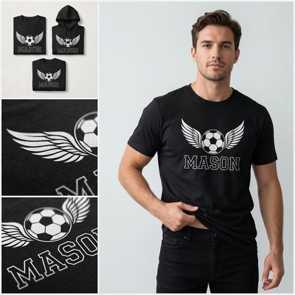 Custom Soccer Shirt with Name, Personalized Flying Soccer Ball Hoodie, Custom Kids Soccer Sweatshirt, Team Sports Apparel, Soccer Boy Gift