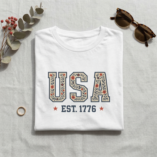 Floral USA Shirt | Vintage Americana T-Shirt | Boho 4th of July Tee | Est 1776 Patriotic Shirt | Cute Summer Graphic Tee for Women