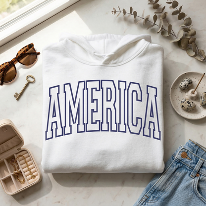 America Varsity T-Shirt, Minimalist Patriotic Shirt, USA College Style Tee, 4th of July Women's Shirt, Red White and Blue, Olympic Games Fan Gear