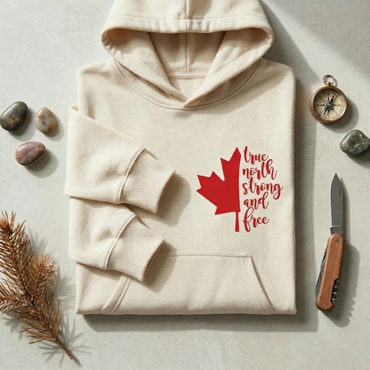 True North Strong and Free Hoodie, Cursive Maple Leaf Sweatshirt, Minimalist Canada Hoodie, Aesthetic Canadian Pride Pullover