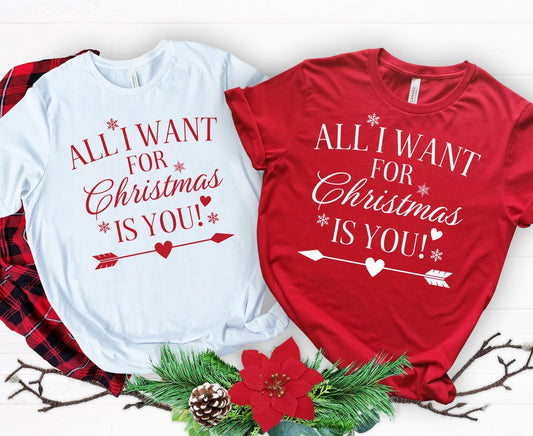 All I Want For Christmas Is You couples matching holiday shirt with romantic design for Him and Hers gift set.