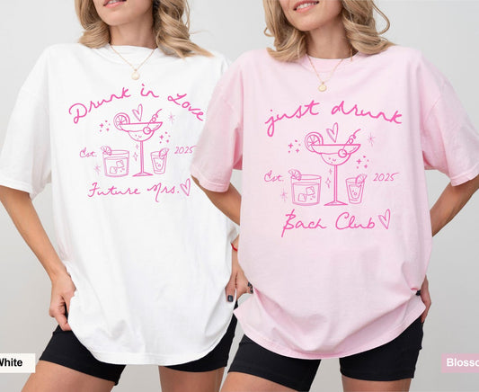 Bachelorette Party Shirts: Drunk in Love, Just Drunk, The Bach Club, Future Mrs Bride squad apparel for bridal shower.