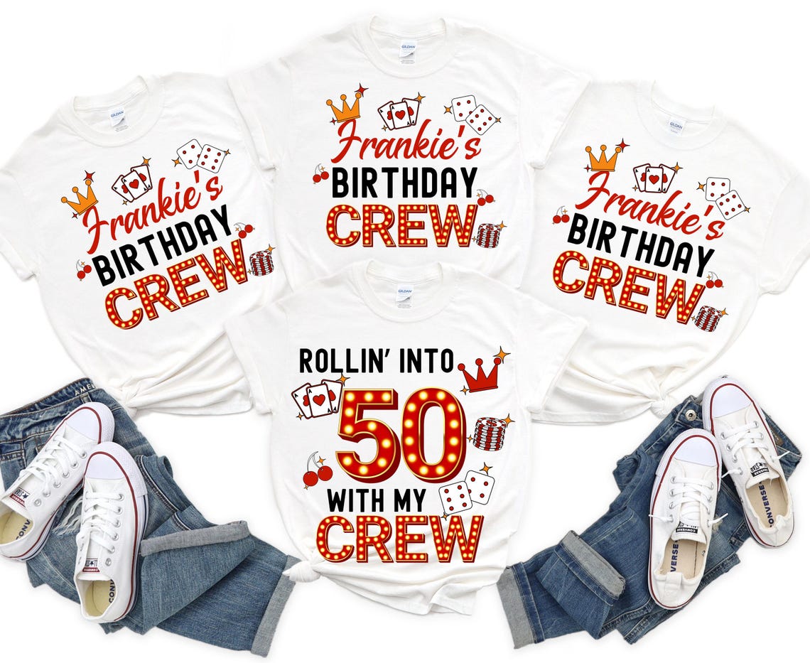 50th Birthday Trip T-Shirt, Las Vegas/Cruise/Casino theme, "Rolling Into My Birthday" crew apparel.