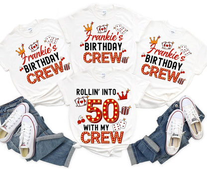 50th Birthday Trip T-Shirt, Las Vegas/Cruise/Casino theme, "Rolling Into My Birthday" crew apparel.