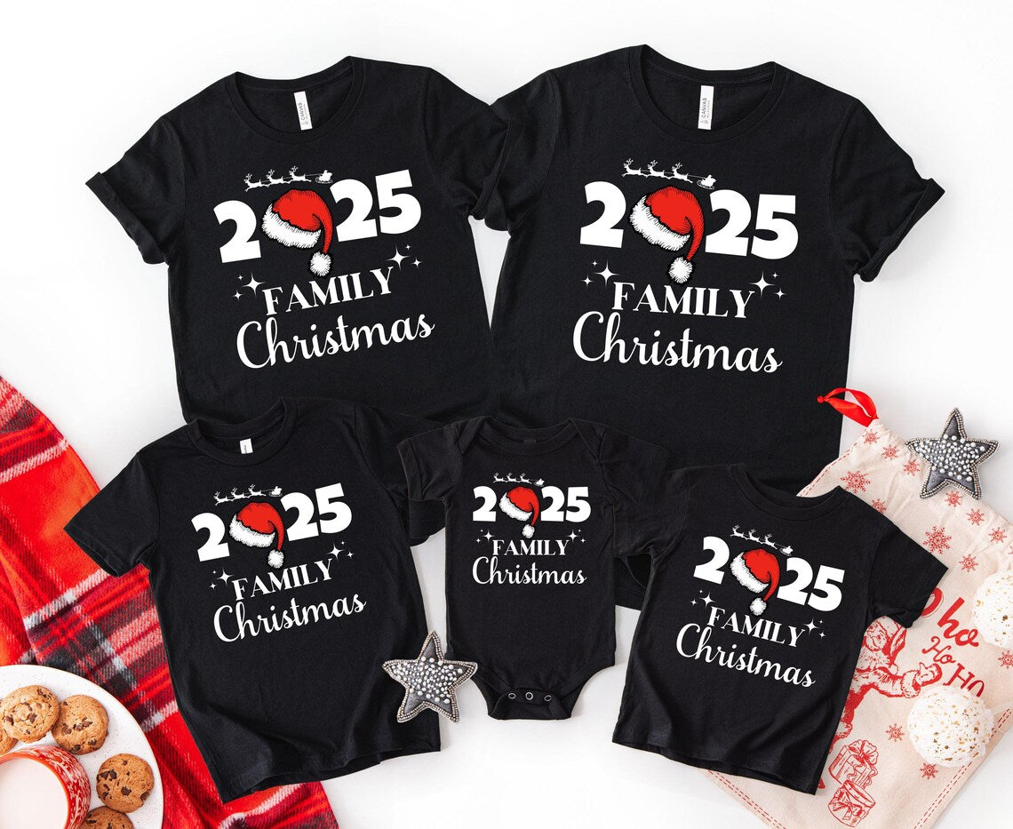 2025 Family Christmas T-Shirt: Matching holiday tee with Santa hat design for family reunion and Xmas morning photos.
