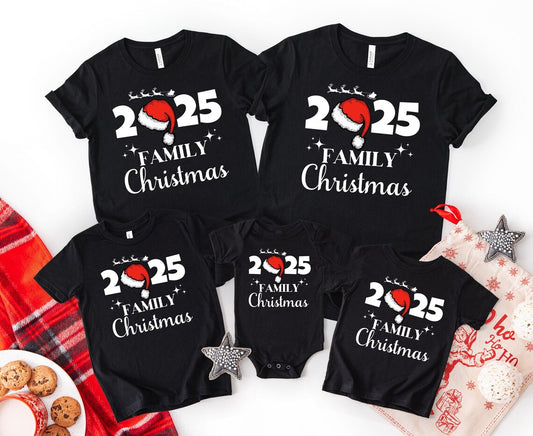 2025 Family Christmas T-Shirt: Matching holiday tee with Santa hat design for family reunion and Xmas morning photos.